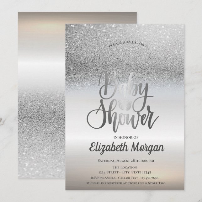 Invitación Elegante Purpurina plateado Bokeh Ombre Baby Showe (Anverso / Reverso)