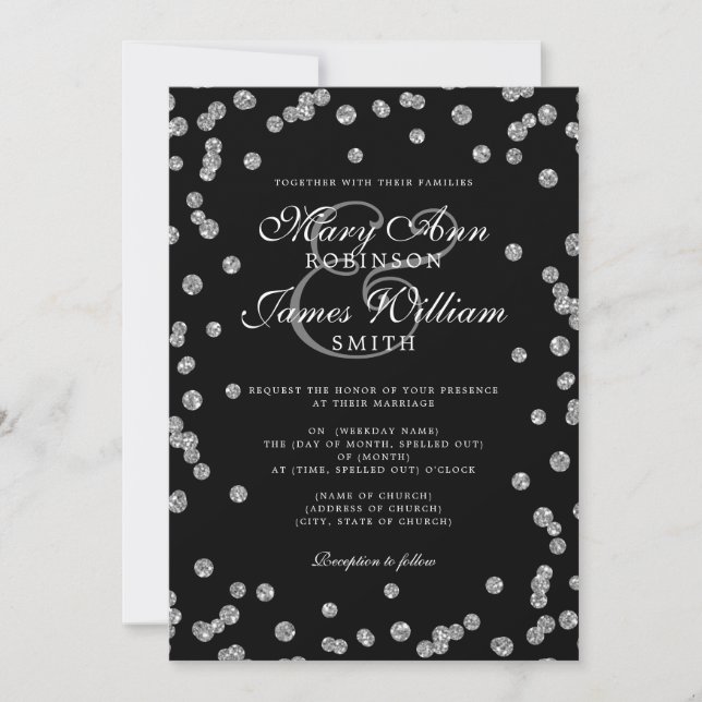 Invitación Elegante Purpurina plateado Confetti negro (Anverso)