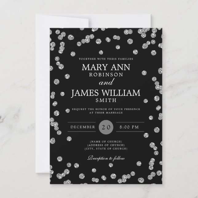 Invitación Elegante Purpurina plateado Confetti negro (Anverso)