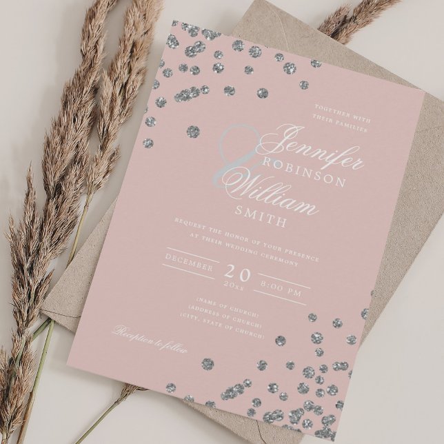Invitación Elegante Purpurina plateado Confetti Rubor (Elegant Wedding Silver Glitter Confetti Blush Invitation)