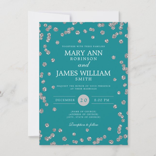 Invitación Elegante Purpurina plateado Confetti Verde azulado (Anverso)