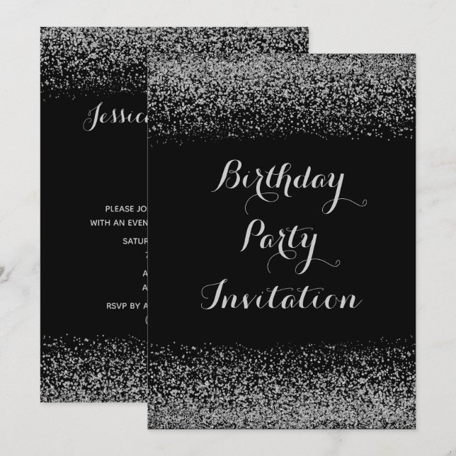 Invitación Elegante Purpurina plateado Cumpleaños (Anverso / Reverso)