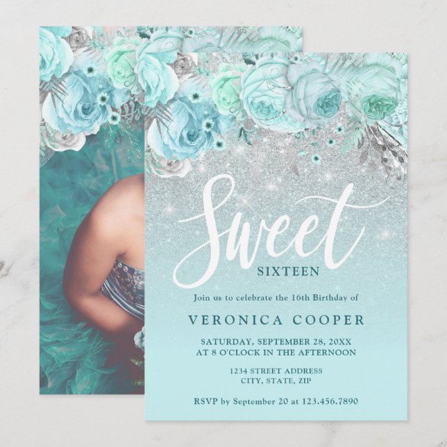 Invitación Elegante purpurina plateado floral dulce dieciséis (Anverso / Reverso)