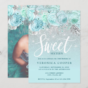 Invitación Elegante purpurina plateado floral dulce dieciséis