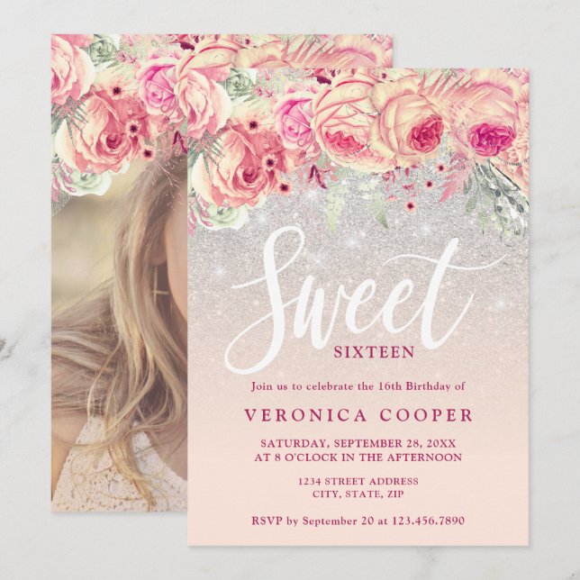 Invitación Elegante purpurina plateado floral dulce dieciséis (Anverso / Reverso)