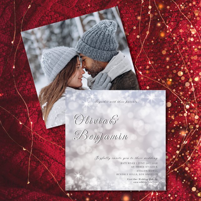 Invitación Elegante Purpurina plateado foto brillante Boda (Elegant Silver Glitter Photo Classic Wedding Invitation)