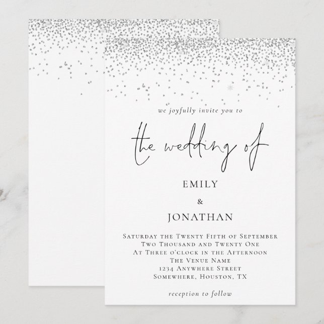 Invitación Elegante Purpurina plateado Glam Boda (Anverso / Reverso)