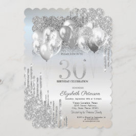 Invitación Elegante Purpurina plateado gotea globos 30 cumple