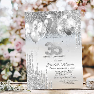 Invitación Elegante Purpurina plateado gotea globos 35º cumpl