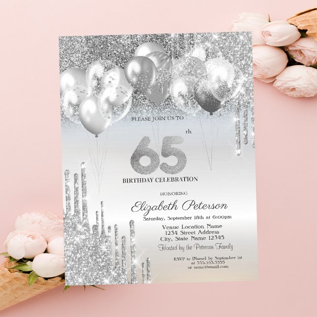Invitación Elegante Purpurina plateado gotea globos 65º nacim (Subido por el creador)