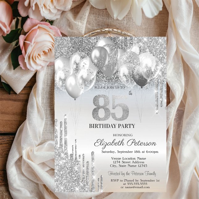 Invitación Elegante Purpurina plateado gotea globos 85º nacim (Subido por el creador)