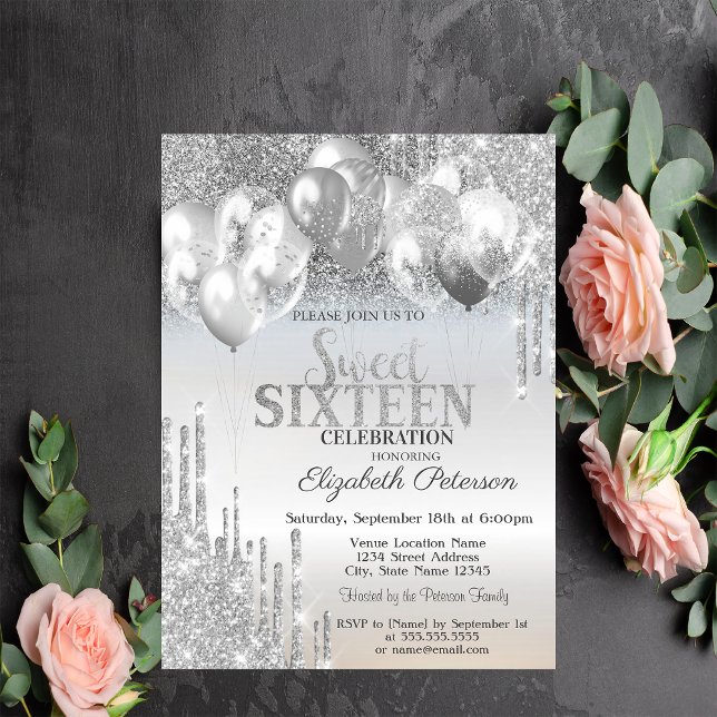Invitación Elegante Purpurina plateado gotea globos Dulce 16 (Subido por el creador)
