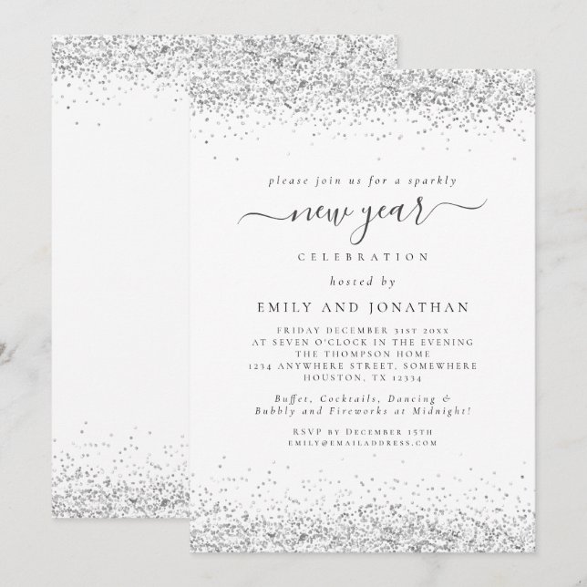 Invitación Elegante Purpurina plateado guión Fiesta de Año Nu (Anverso / Reverso)