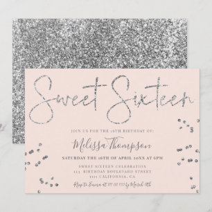 Invitación Elegante purpurina plateado guion rosado Sweet 16