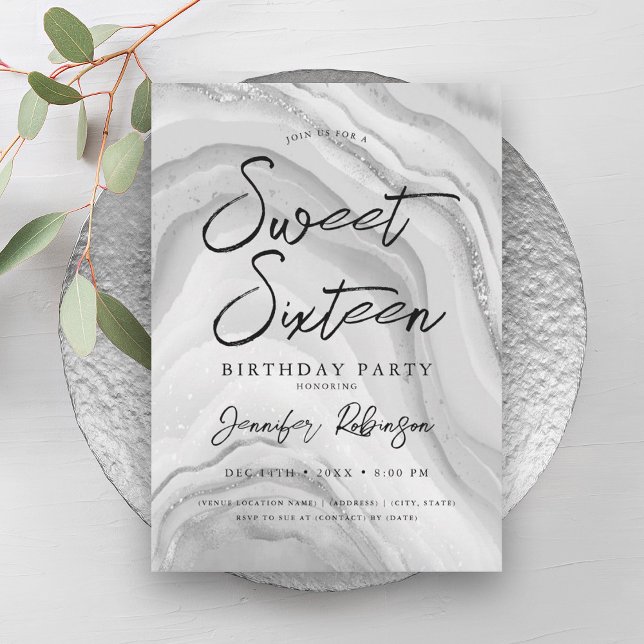 Invitación Elegante Purpurina plateado Moda Marble Glam Sweet (Elegant Silver Glitter Chic Marble Glam Sweet 16 Invitation)