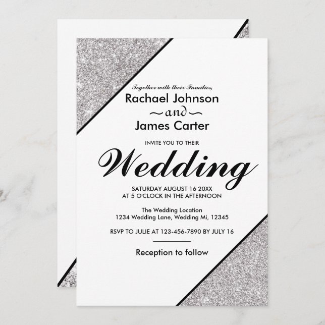 Invitación Elegante purpurina plateado moderno de fondo blanc (Anverso / Reverso)