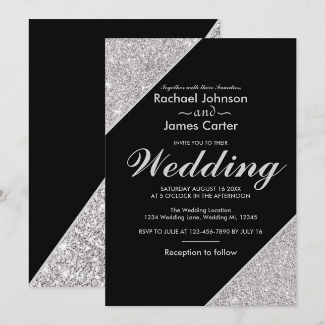 Invitación Elegante purpurina plateado moderno sobre negro (Anverso / Reverso)