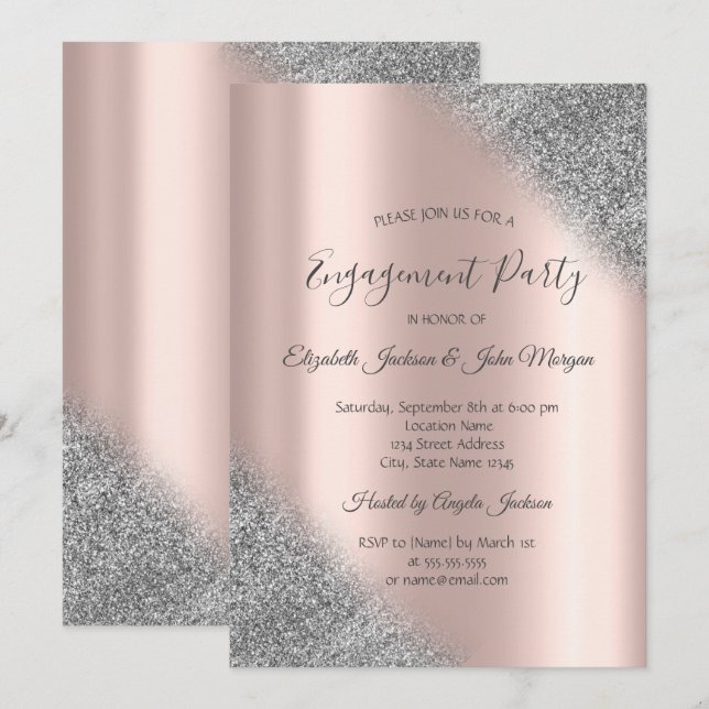 Invitación Elegante Purpurina plateado Ombre Rosa Gold Engage (Anverso / Reverso)
