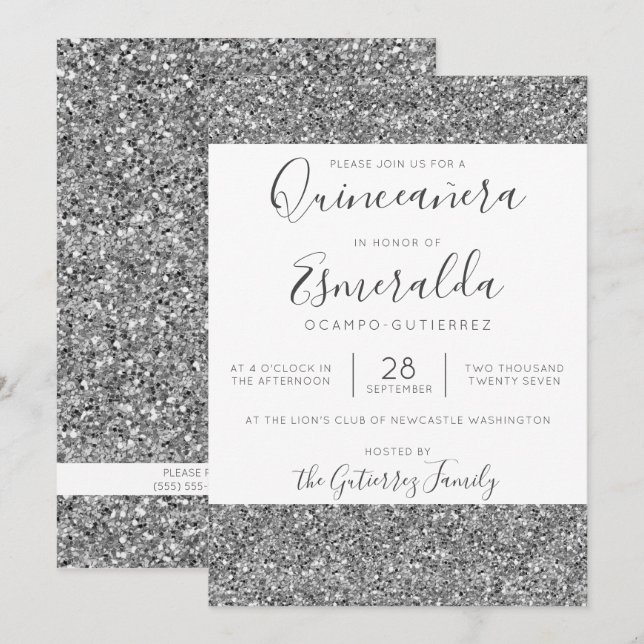 Invitación Elegante Purpurina plateado Sparkle Quinceanera (Anverso / Reverso)
