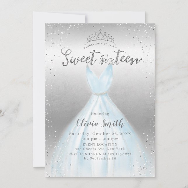 Invitación Elegante purpurina plateado vestido azul dulce 16 (Anverso)