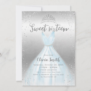Invitación Elegante purpurina plateado vestido azul dulce 16