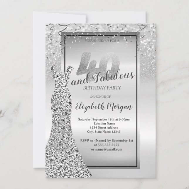 Invitación Elegante Purpurina plateado vestido Fiesta de cump (Anverso)