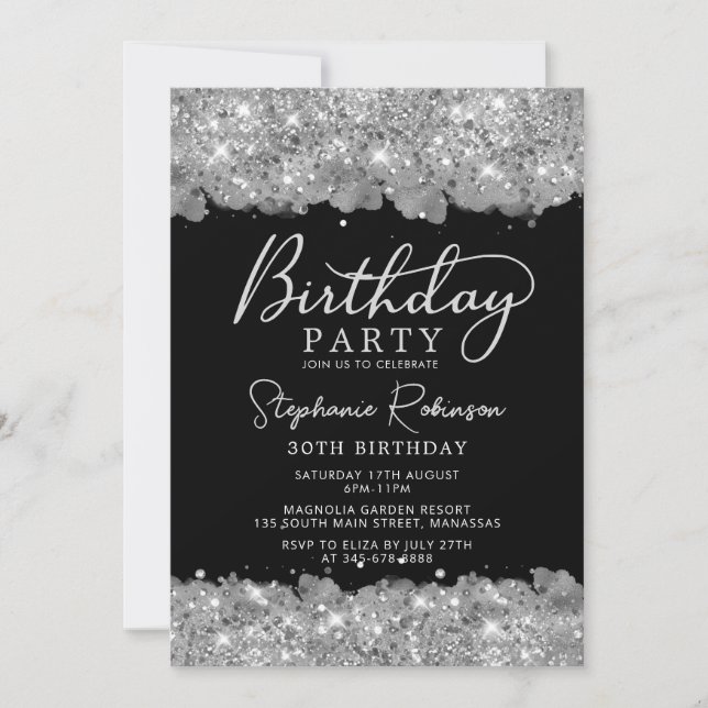 Invitación Elegante Purpurina plateado y 30 cumpleaños negro (Anverso)