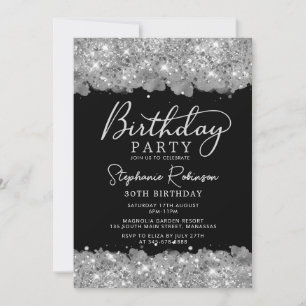 Invitación Elegante Purpurina plateado y 30 cumpleaños negro