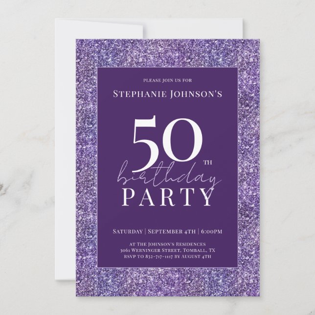 Invitación Elegante Purpurina Purple 50 cumpleaños (Anverso)