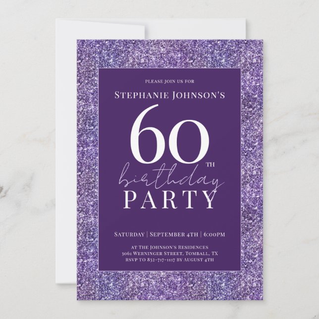 Invitación Elegante Purpurina Purple 60 cumpleaños (Anverso)