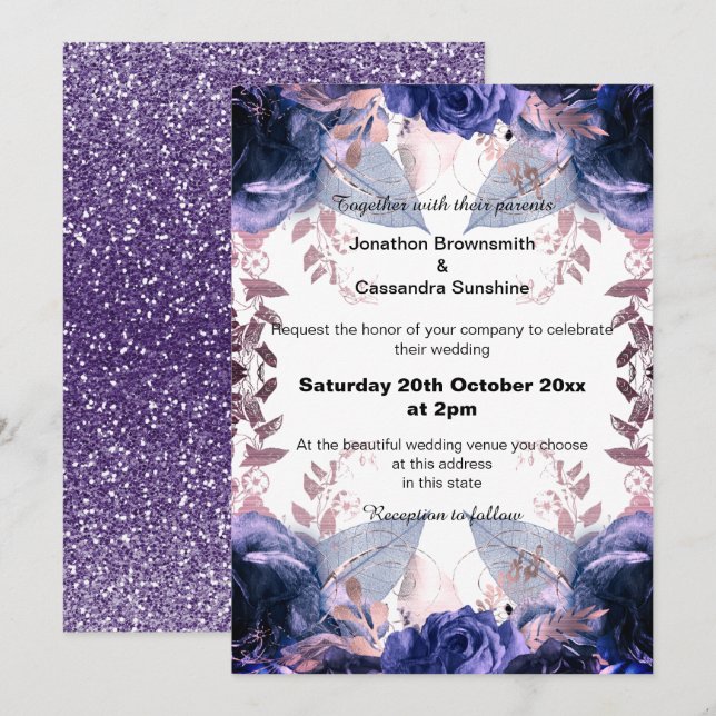 INVITACIÓN ELEGANTE PURPURINA PURPLE FLORAL NAVY BODA (Anverso / Reverso)