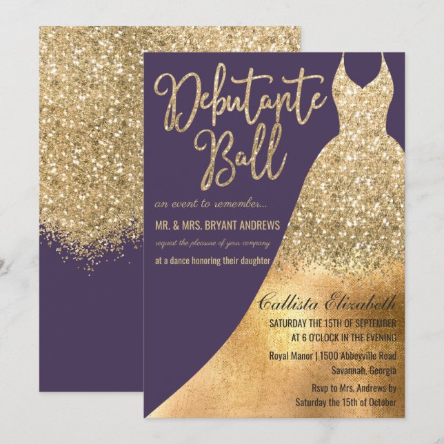 Invitación Elegante Purpurina Purple Gold Vestido Debutante D (Anverso / Reverso)