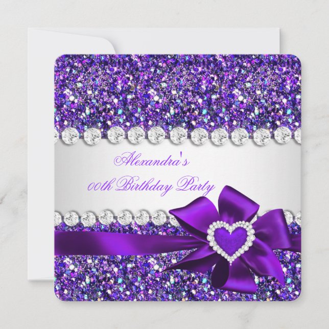 Invitación Elegante Purpurina Purple Heart Bow Cumpleaños Par (Anverso)