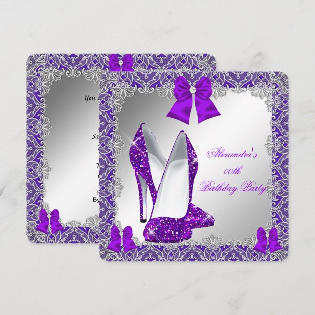 Invitación Elegante Purpurina Purple Stiletto Partido del Cum (Anverso / Reverso)
