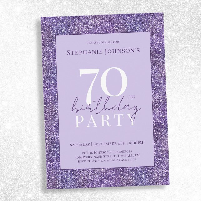 Invitación Elegante Purpurina púrpura 70.ª fiesta de cumpleañ (Elegant Purple Glitter 70th Birthday Party Invitation)
