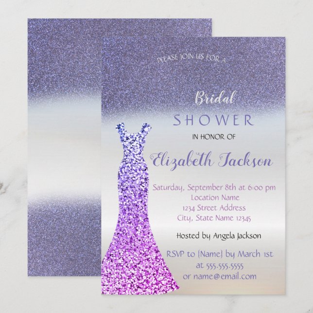 Invitación Elegante Purpurina púrpura Bokeh , Ducha de novia  (Anverso / Reverso)
