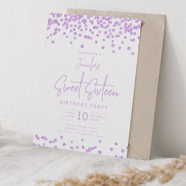 Invitación Elegante Purpurina púrpura Confetti Sweet 16 Fiest (Elegant Purple Glitter Confetti Sweet 16 Party Invitation)