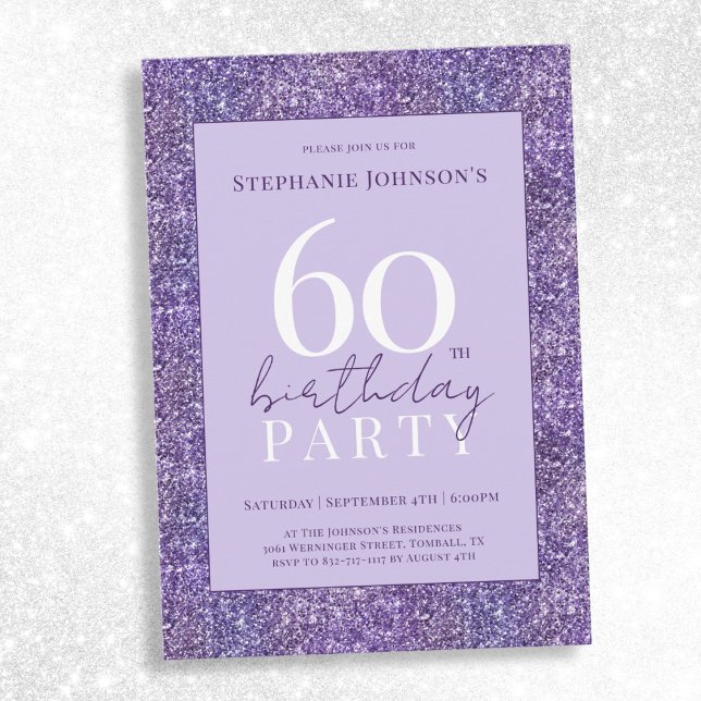 Invitación Elegante Purpurina Púrpura Fiesta de Cumpleaños 60 (Elegant Purple Glitter 60th Birthday Party Invitation)