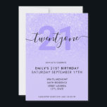 Invitación Elegante Purpurina Púrpura Moderno Cumpleaños 21<br><div class="desc">Invitación de cumpleaños 21ª,  femenina violeta y moderna. Minimalista diseño de plantillas de invitación para 21 años con elegante caligrafía con letras a mano y diseño purpurina púrpura.</div>