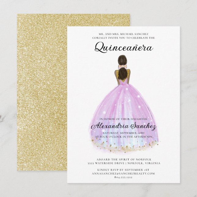 Invitación Elegante Purpurina púrpura y dorada Quinceanera (Anverso / Reverso)
