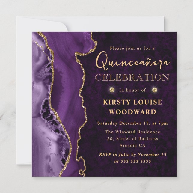 Invitación Elegante Purpurina púrpura y dorado Agate Quincean (Anverso)