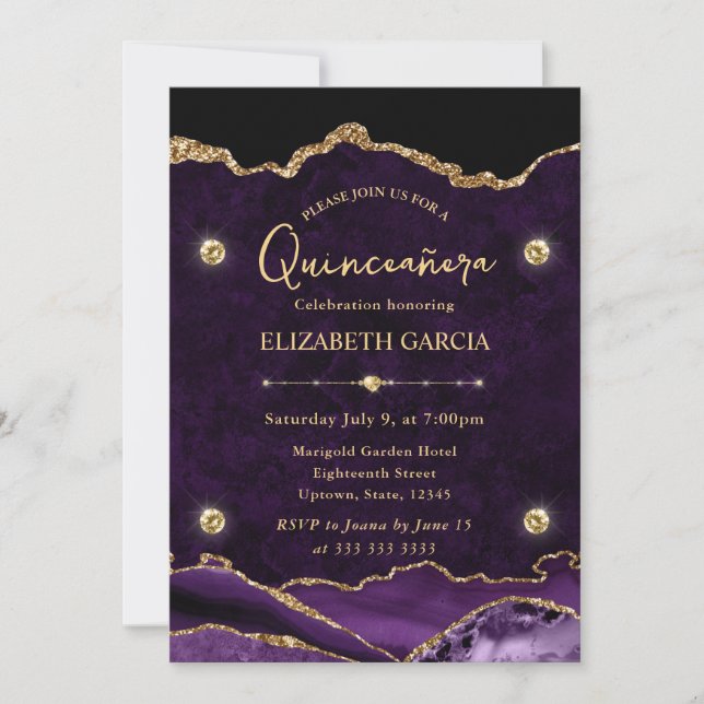Invitación Elegante Purpurina púrpura y dorado Agate Quincean (Anverso)