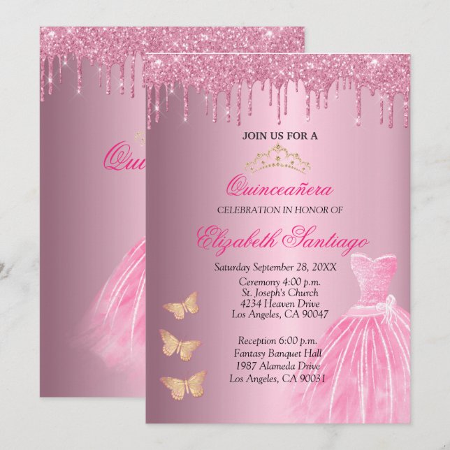 Invitación Elegante Purpurina Quinceañera rosa y dorado entra (Anverso / Reverso)