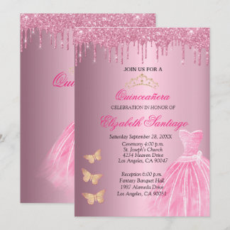 Invitación Elegante Purpurina Quinceañera rosa y dorado entra