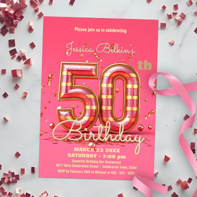 Invitación Elegante Purpurina rayado rosado y oro 50 cumpleañ (Subido por el creador)