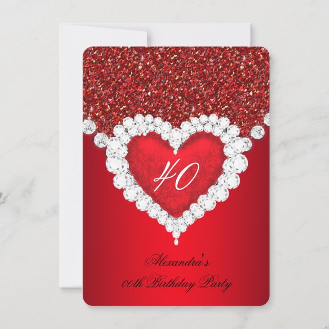 Invitación Elegante Purpurina Red Diamond Heart Birthday (Anverso)