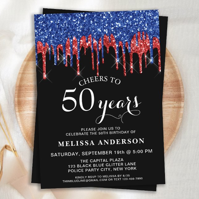 Invitación Elegante Purpurina rojo azul gotea patriótico cump (Subido por el creador)