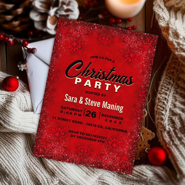 Invitación Elegante purpurina rojo copos de nieve Navidad fie (Subido por el creador)