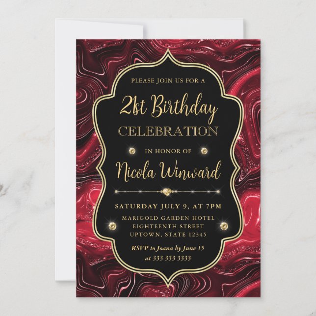 Invitación Elegante Purpurina Rojo Strata Vintage Frame Cumpl (Anverso)