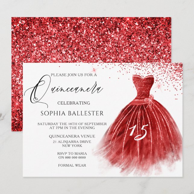 Invitación Elegante Purpurina rojo vestido Fiesta Quinceanera (Anverso / Reverso)
